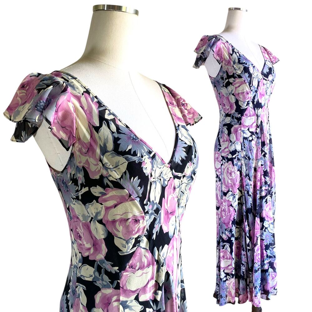 90s does 30s Jones New York Bias Cut Flutter Sleeve Floral Chiffon Maxi Dress